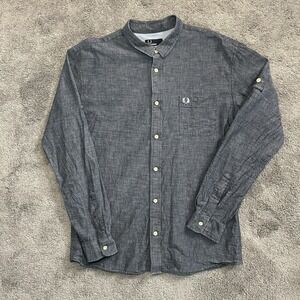 Fred Perry Shirt Men's XL Blue Chambray Button Up Long Sleeve Roll Tab Logo